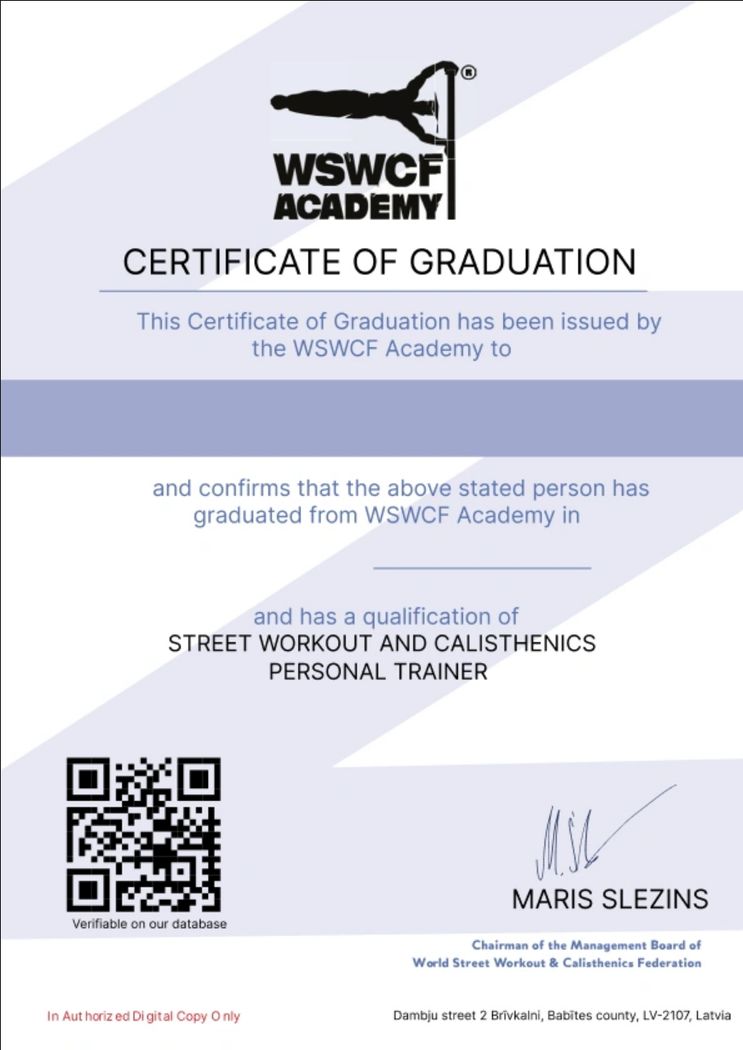 WSWCF calisthenics personal trainer certificate