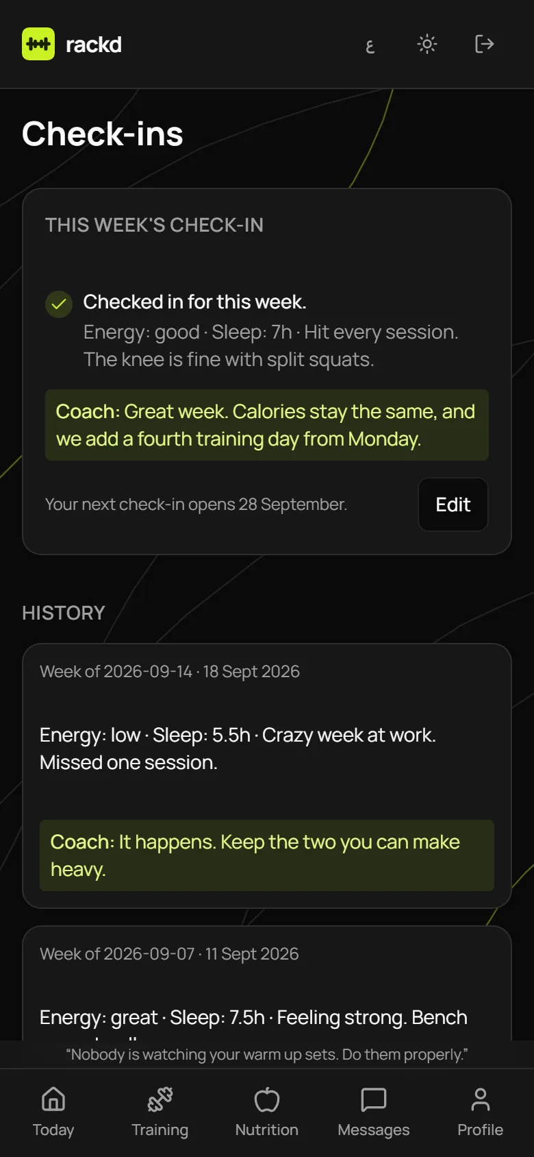 The Check-ins screen in Rackd: this week's check-in and the coach's reply.