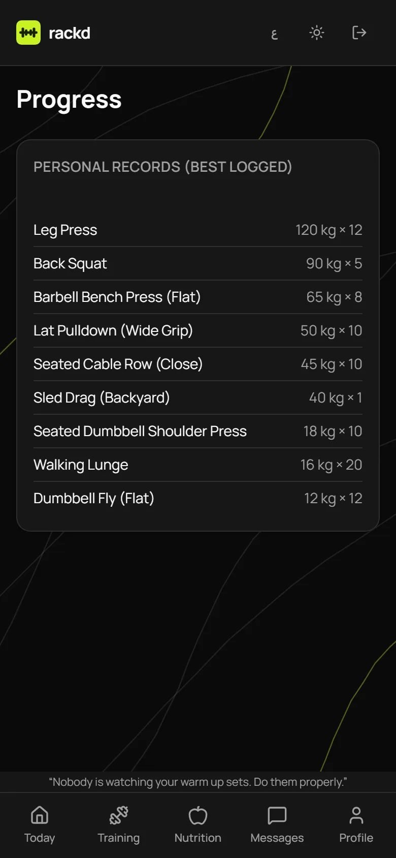 The Progress screen in Rackd: personal records for each exercise.