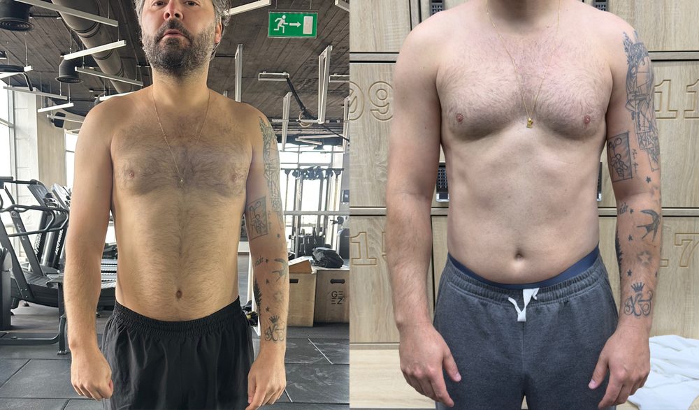 Client before and after, fuller chest and arms and a tighter midsection