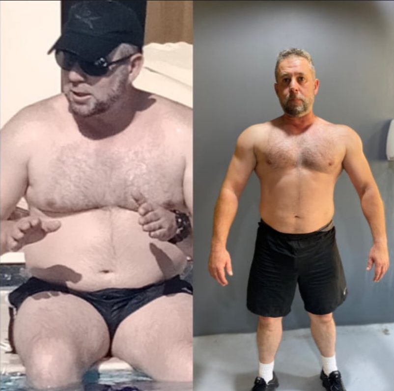 Client before and after, significant fat loss