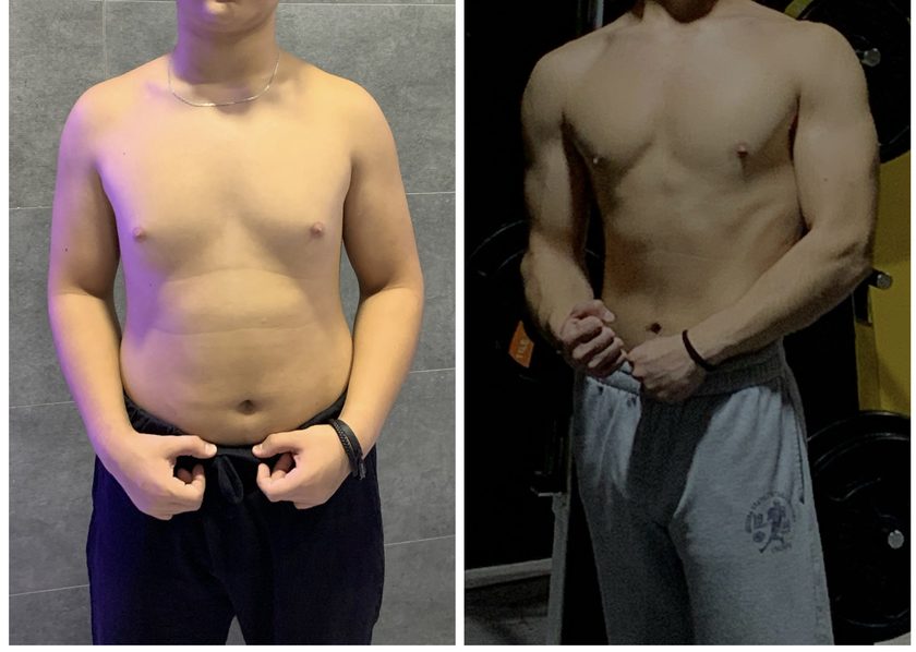 Client before and after, from heavy-set to a muscular chest and arms